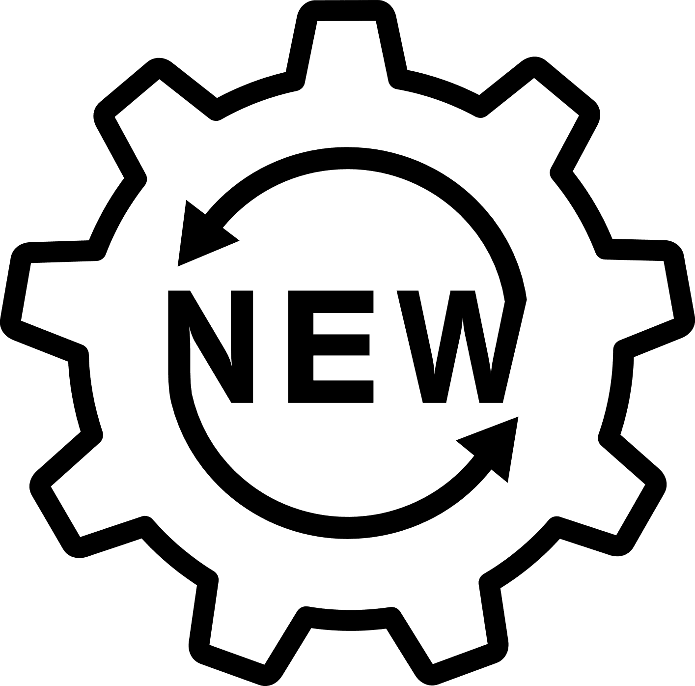 Outdoor Splendor - A black gear icon with two circular arrows inside and the word "NEW" in bold capital letters at the center, symbolizing innovation or a new update.