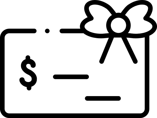 Outdoor Splendor - A simple black and white outline of a gift card with a dollar sign and lines suggesting text, decorated with a large bow in the top right corner.