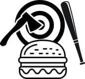 Outdoor Splendor - Black and white icons of an axe hitting a target, a baseball bat, and a hamburger, arranged together.