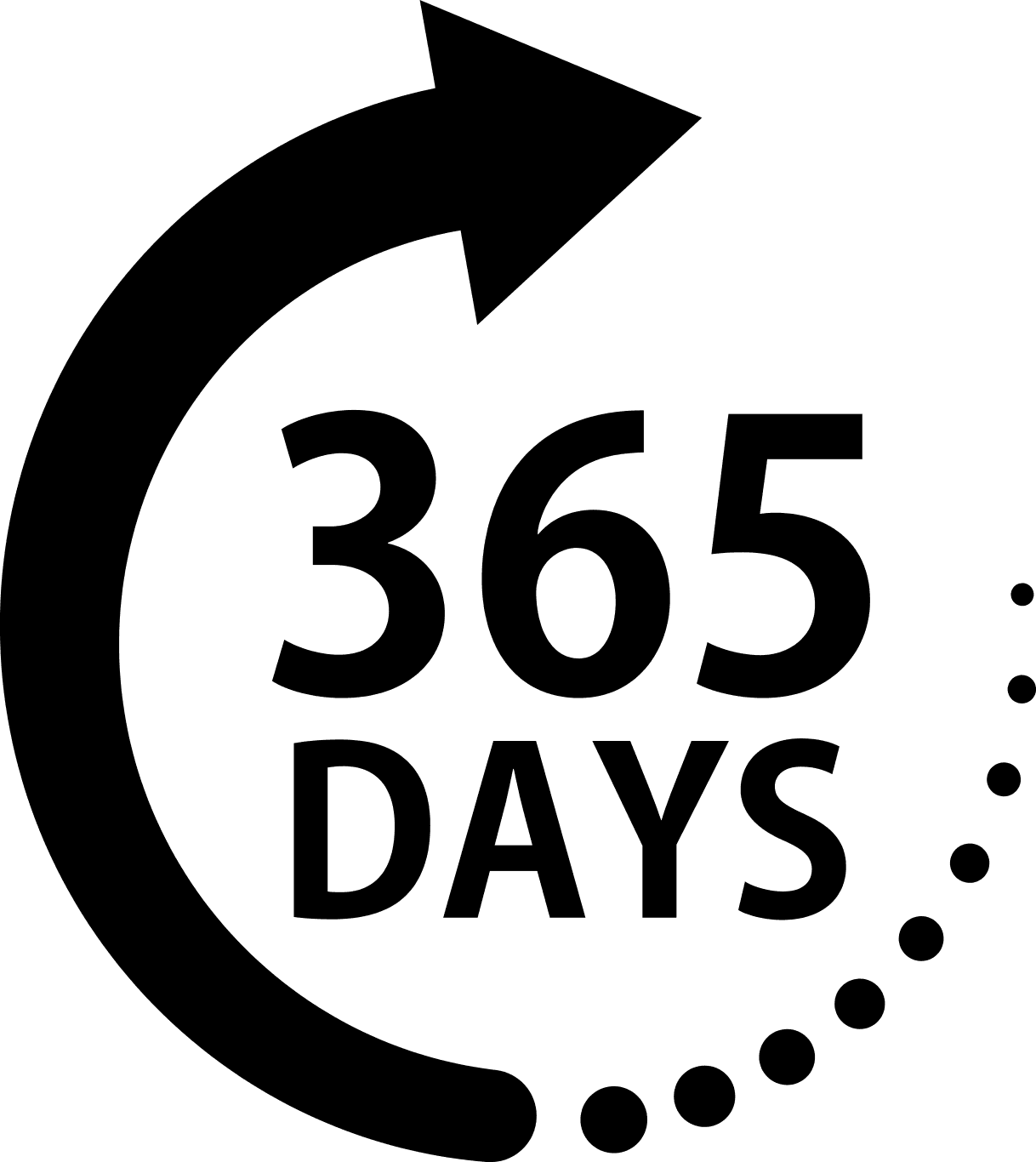 Outdoor Splendor - A bold black arrow curves around the numbers "365" above the word "DAYS," with small dots trailing off the arrow’s end, symbolizing a full year or something lasting 365 days.
