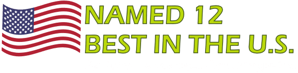 Outdoor Splendor - An American flag next to bold green text reading "NAMED 12 BEST IN THE U.S." and smaller white text below saying "By Total Landscape Care Magazine.