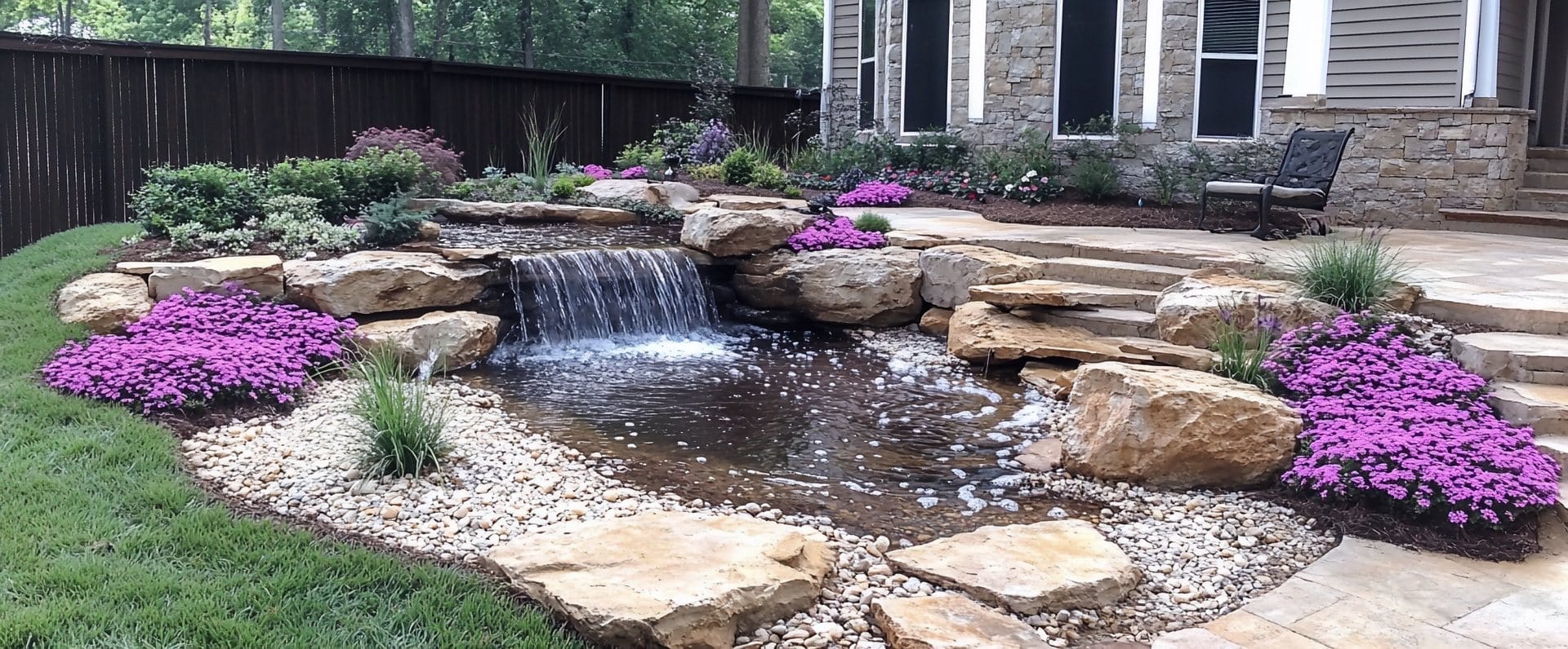 Outdoor Splendor - A landscaped backyard with a small waterfall flowing into a pond, surrounded by large rocks, purple flowers, green plants, and a stone patio with steps leading up to a house with stone siding.