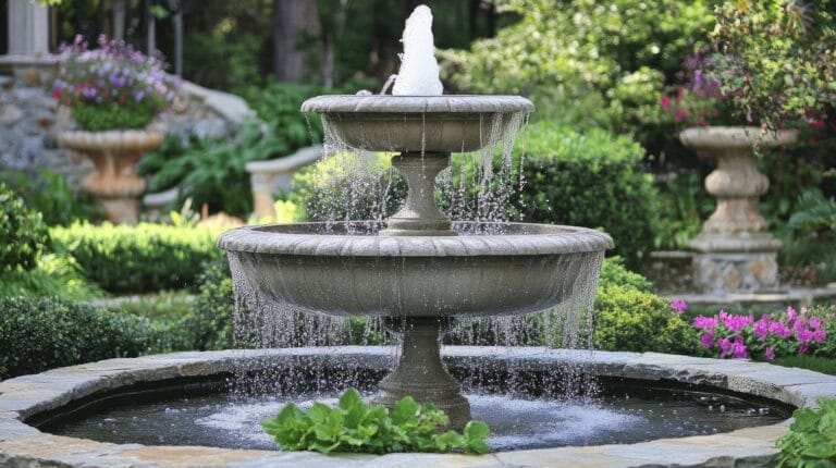 Outdoor Splendor - A stone fountain with two tiers pours water into a round basin, surrounded by green bushes, pink flowers, and lush garden plants on a sunny day.