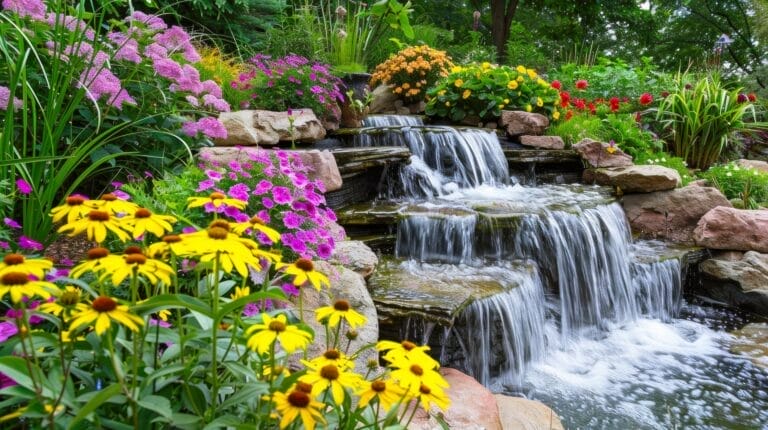 Outdoor Splendor - A small waterfall cascades over rocks in a lush garden filled with yellow, pink, red, and orange flowers, surrounded by green plants and trees.