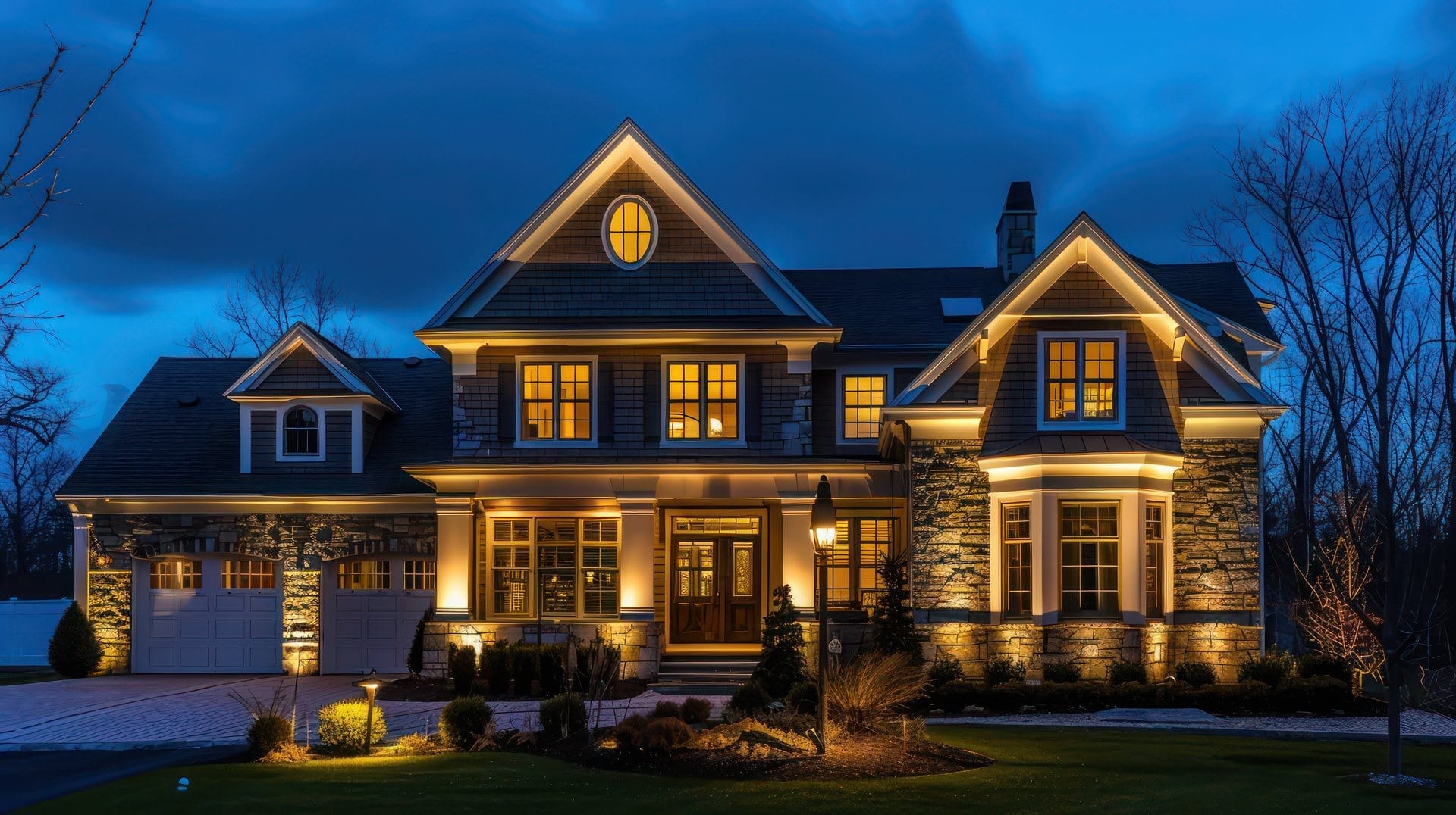 Outdoor Splendor - A large, two-story house with stone and siding exterior is warmly lit at dusk. Multiple windows glow with interior lights. The home features gables, a front porch, and a three-car garage. Landscaping surrounds the house.