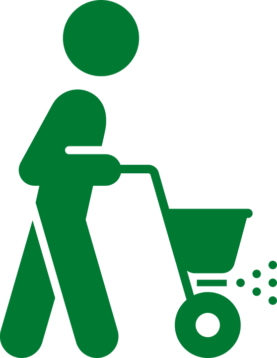 Outdoor Splendor - A green icon of a person pushing a wheeled cart or spreader, with small dots coming out from the side, indicating the spreading of material such as seeds or fertilizer.