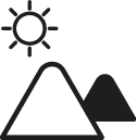 Outdoor Splendor - A simple black and white icon of two mountains with the sun shining above them in the top left corner—perfect for representing landscaping, turf installation, or lawn installation services.