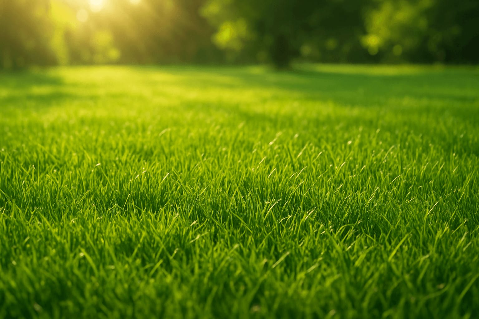 Outdoor Splendor - Close-up of lush green grass in a sunlit park or field, with sunlight streaming through trees in the background, creating a warm and peaceful atmosphere.