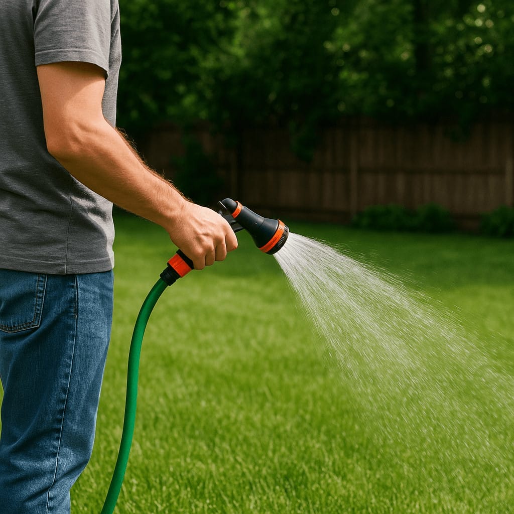 Outdoor Splendor - A person in a gray shirt and jeans waters a green lawn with a garden hose and spray nozzle in a backyard with a wooden fence and trees in the background.
