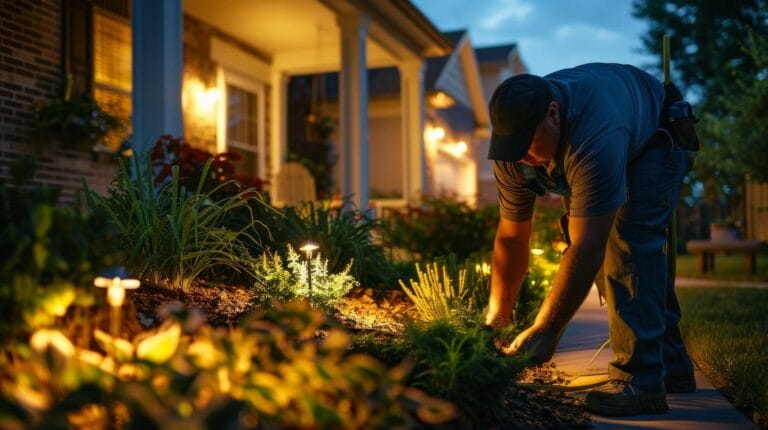 Outdoor Splendor - A person in work clothes tends to plants in a garden bed at dusk, with warm landscape lights illuminating the flowers and shrubs in front of a house with a lit porch.