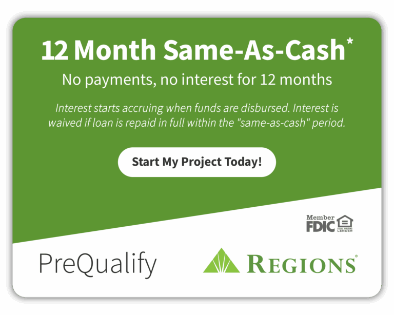 Outdoor Splendor - Promotional ad for Regions' 12 Month Same-As-Cash offer with no payments or interest for 12 months, encouraging users to start a project today. Includes PreQualify and Regions logos, and FDIC/Equal Housing symbols.