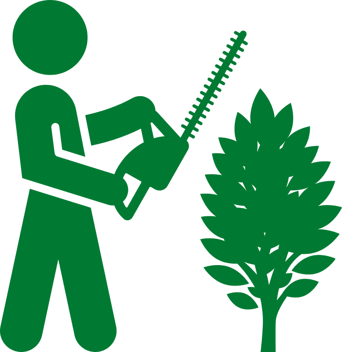 Outdoor Splendor - Green icon of a person using a hedge trimmer to trim a bush or shrub. The illustration is simple and stylized, with solid green shapes on a light background.