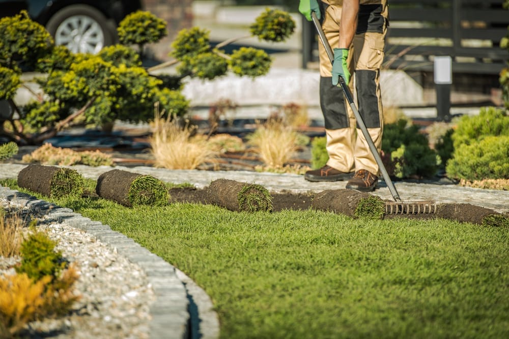 Outdoor Splendor - A person rakes soil in a garden, preparing for sod installation and a fresh new lawn.