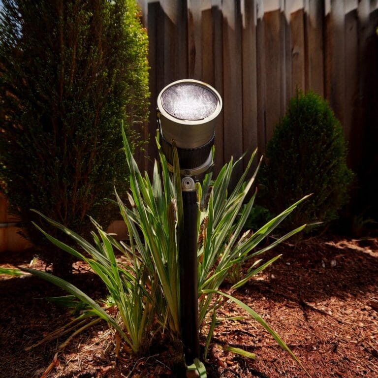 Outdoor Splendor - A solar-powered garden spotlight is installed among green plants in a mulched garden bed, with a wooden fence and bushes in the background.